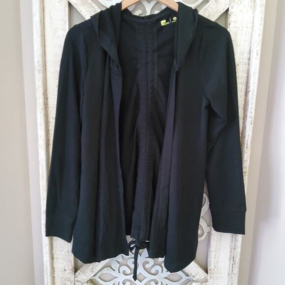 Xersion Women's Long Sleeve Hooded Ruched Tie Open Cardigan Cover Up in Black - Picture 4 of 6